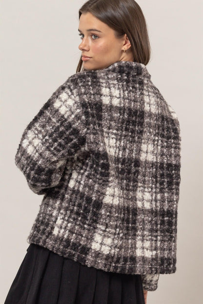 HYFVE Plaid Collared Neck Boucle Jacket with Pockets-Angel Casuals