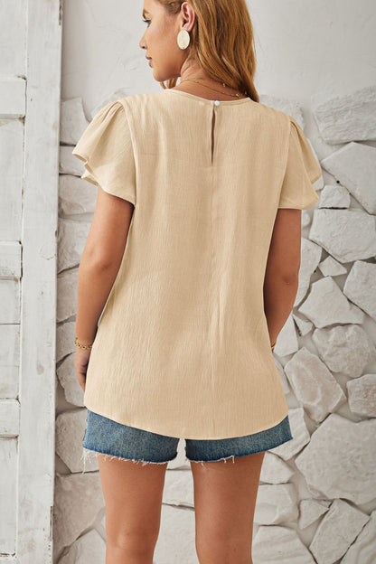 Round Neck Keyhole Cap Sleeve T-Shirt-Angel Casuals