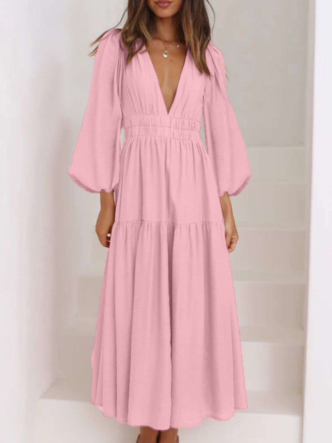 Deep V-Neck Balloon Sleeve Plain Maxi Dress-Angel Casuals