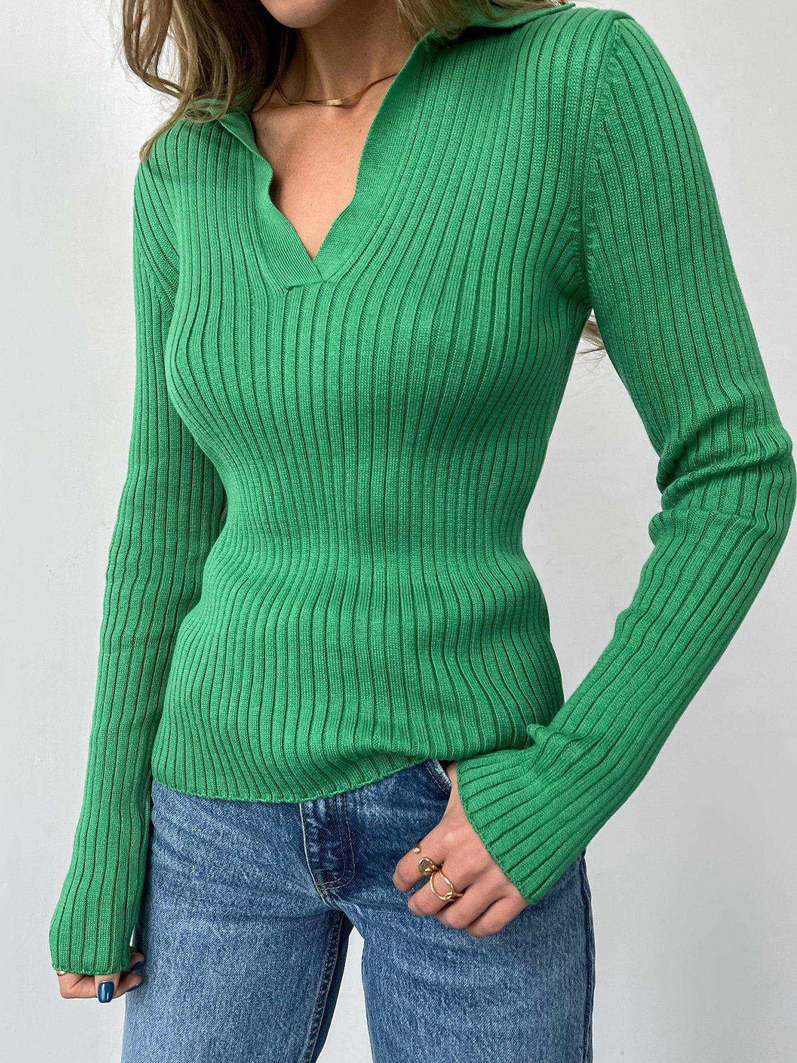 Johnny Collar Rib-Knit Top-Angel Casuals