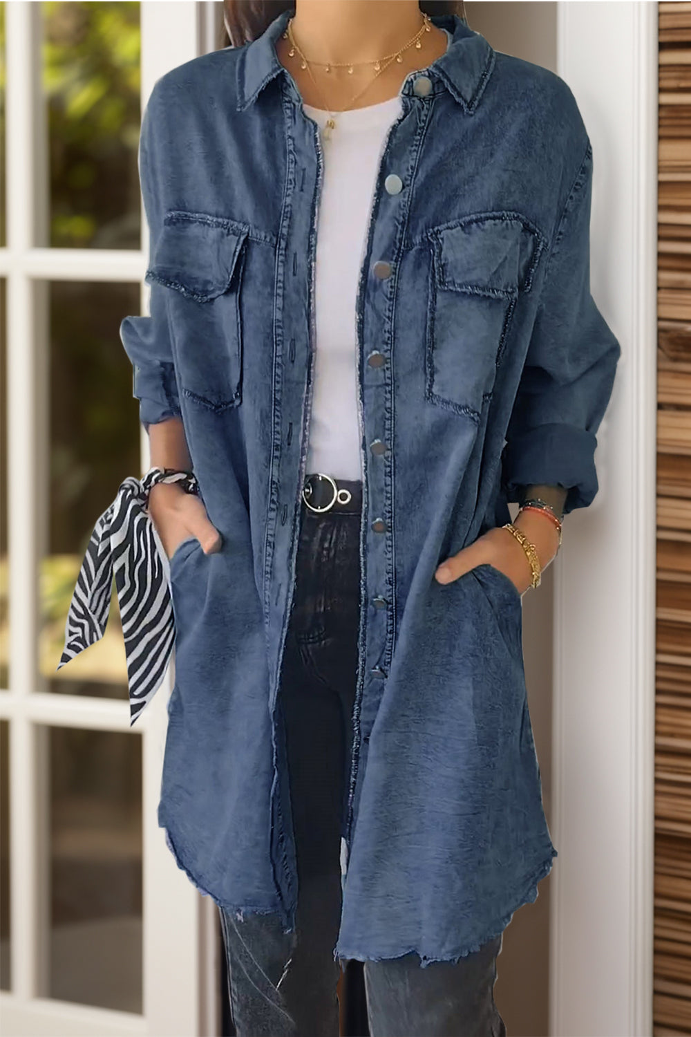 Full Size Pocketed Button Up Long Sleeve Denim Jacket-Angel Casuals