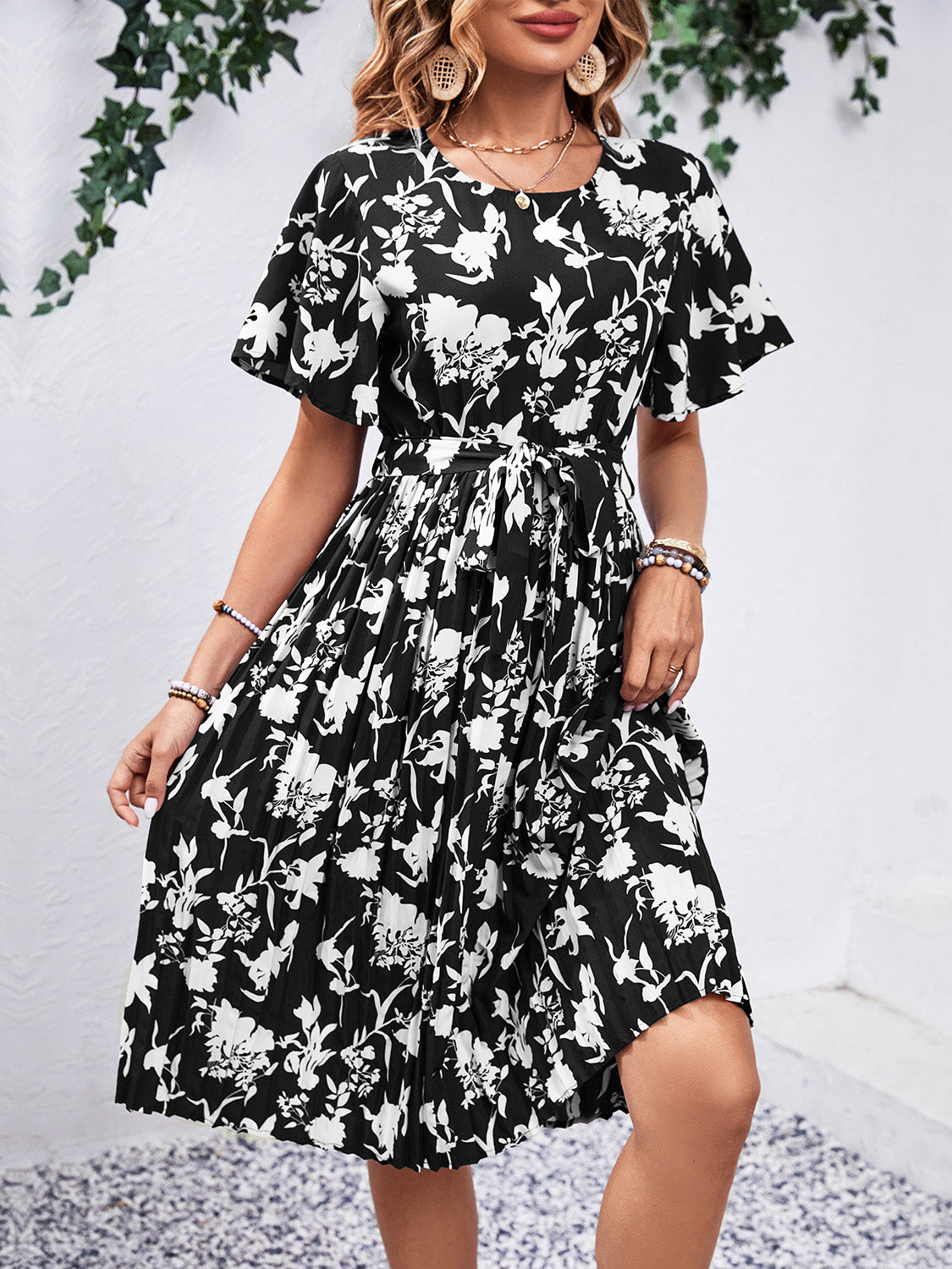 Printed Round Neck Short Sleeve Dress-Angel Casuals