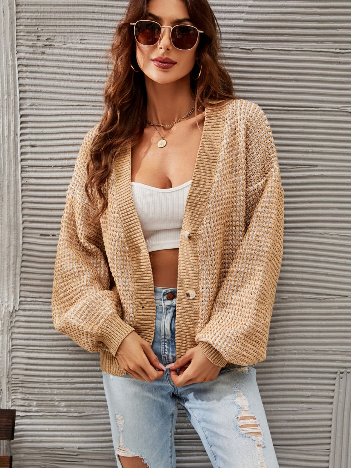 Heathered Lantern Sleeve Cardigan-Angel Casuals