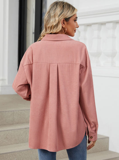 Button Up Dropped Shoulder Long Sleeve Outerwear-Angel Casuals