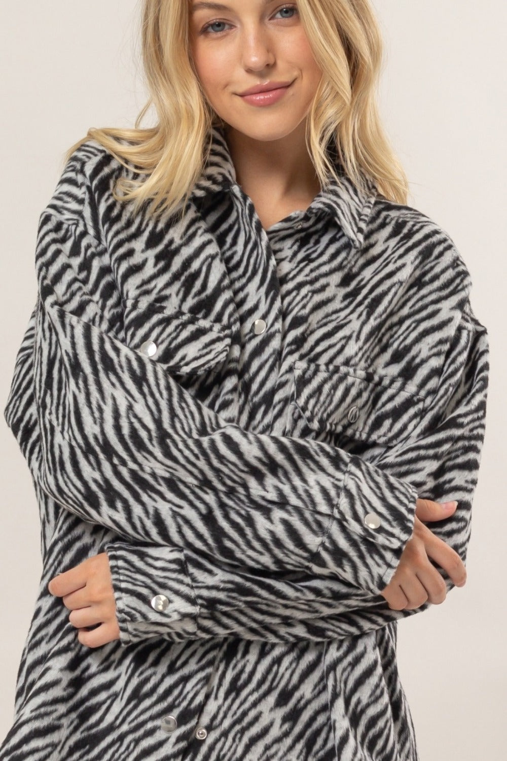 HYFVE Zebra Print Snap Down Long Sleeve Shacket-Angel Casuals