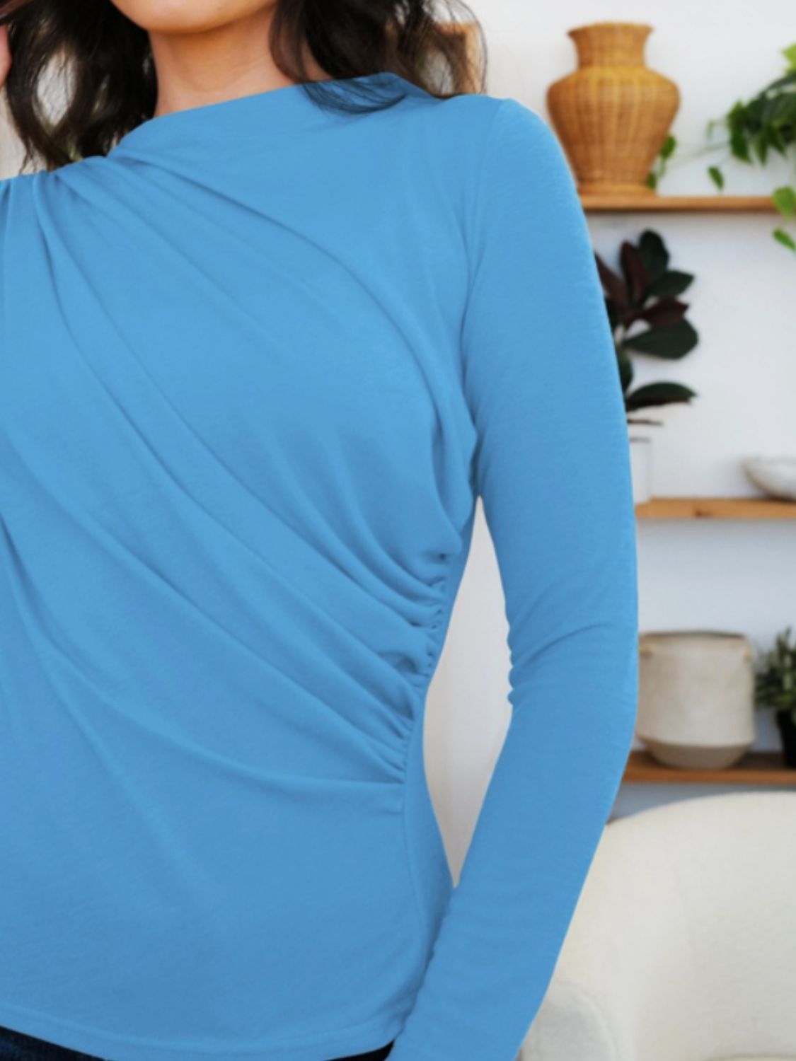FAM-FAM Ruched Mock Neck Long Sleeve T-Shirt-Angel Casuals