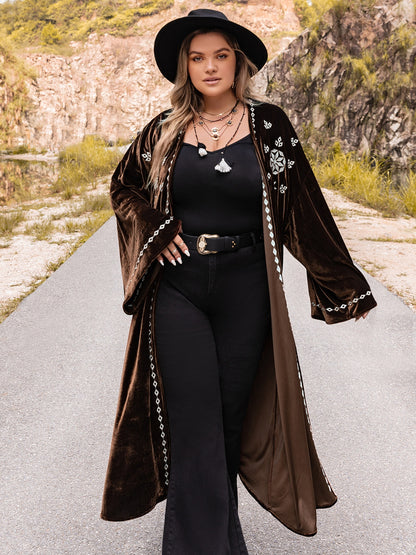 Plus Size Embroidery Open Front Long Sleeve Cardigan-Angel Casuals