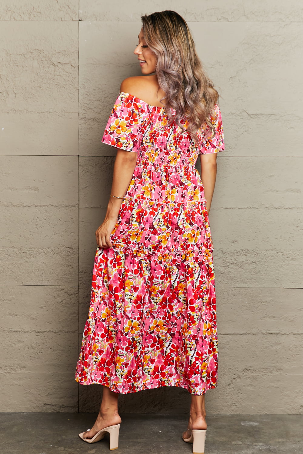 Floral Off-Shoulder Frill Trim Maxi Dress-Angel Casuals