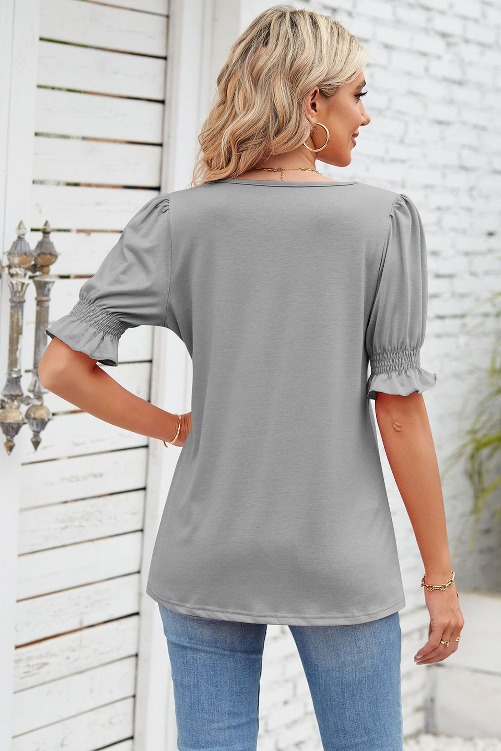 Smocked Square Neck Short Sleeve T-Shirt-Angel Casuals