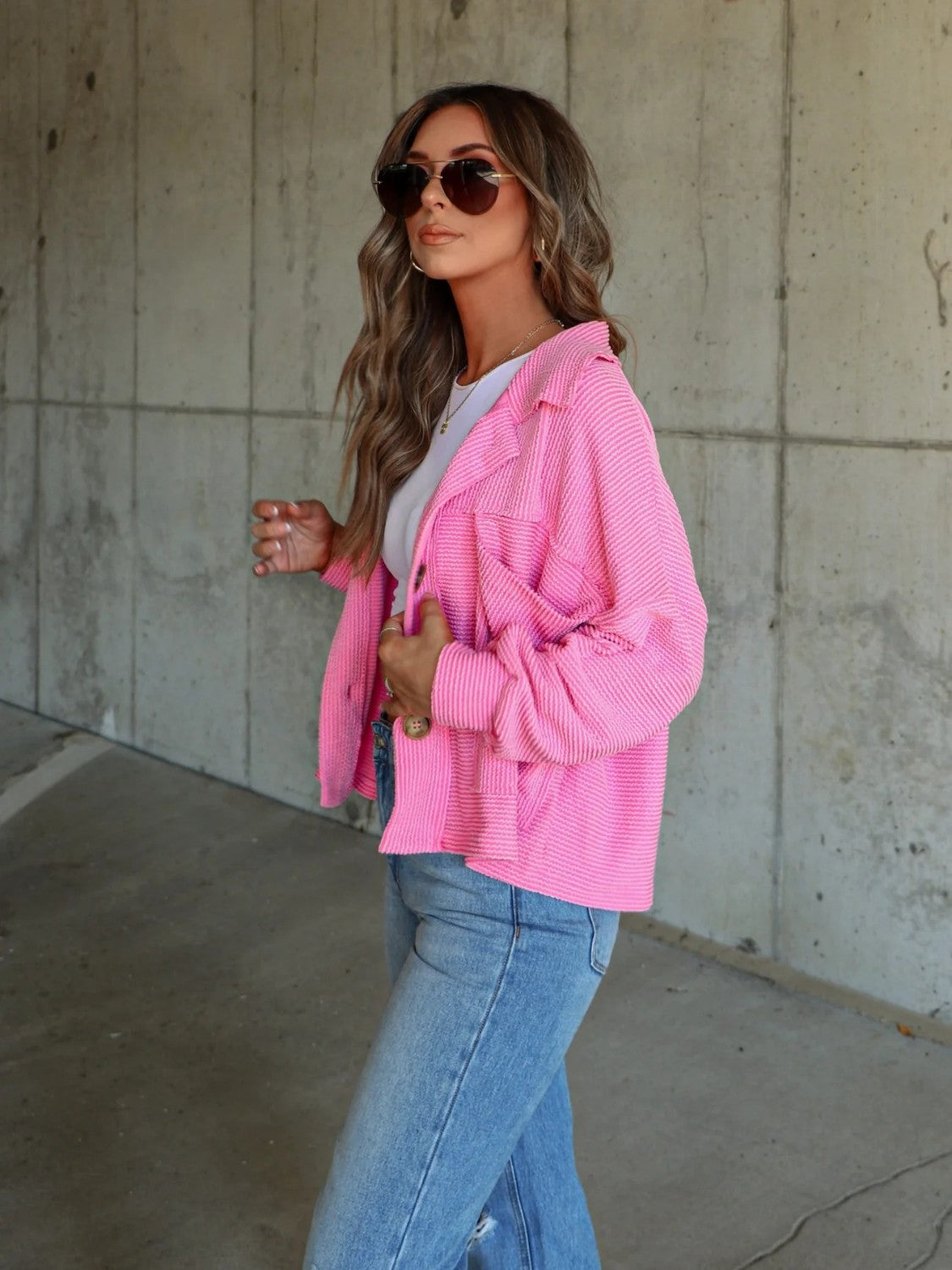 Ribbed Collared Neck Button Up Jacket-Angel Casuals