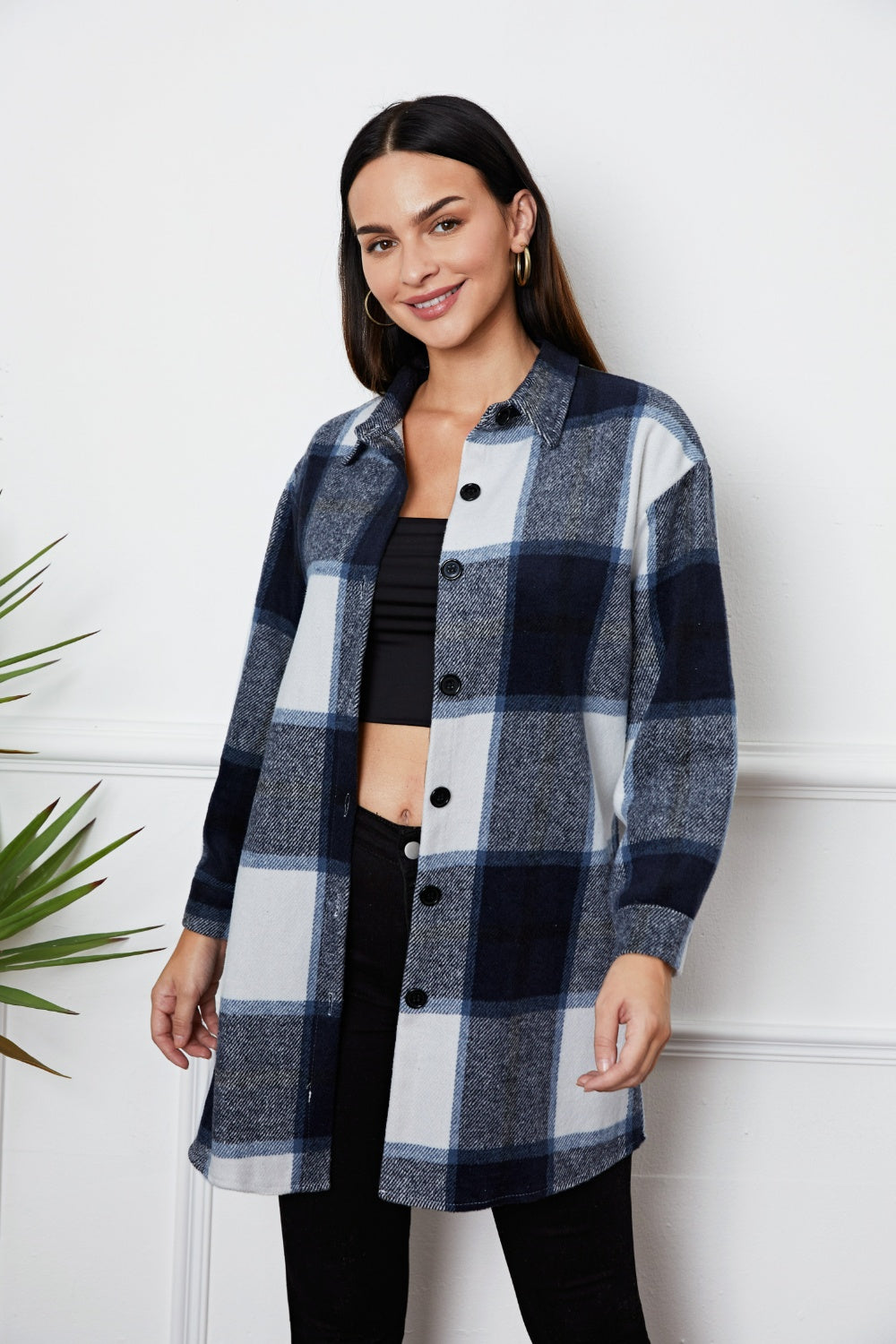Plaid Button Up Collared Neck Outerwear-Angel Casuals