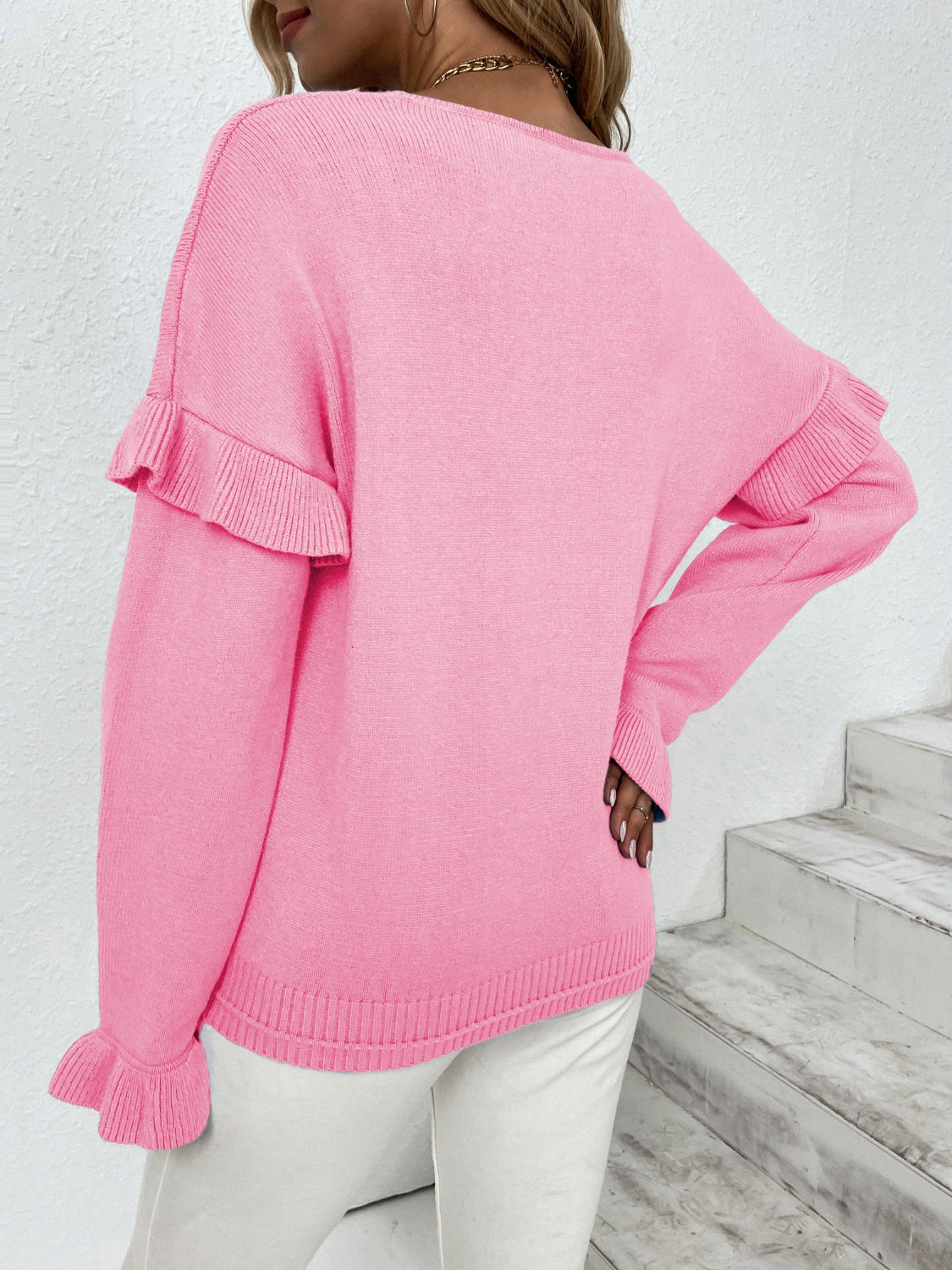 Ruffled V-Neck Dropped Shoulder Sweater-Angel Casuals