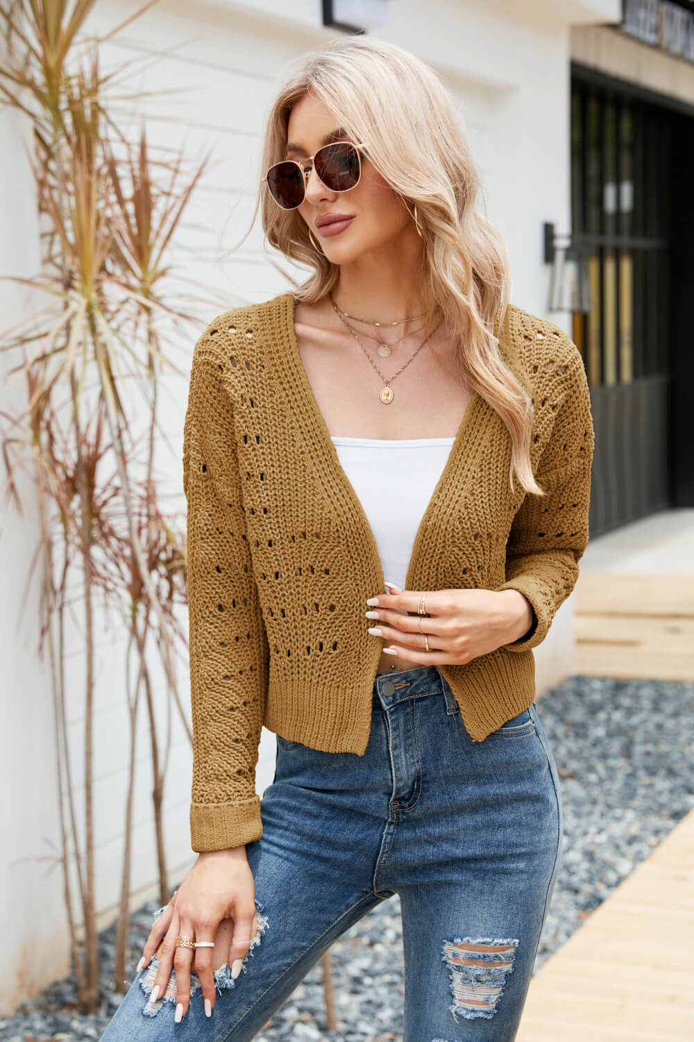 Open Front Cuffed Cropped Cardigan-Angel Casuals