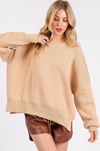 Mittoshop Side Slit Round Neck Drop Shoulder Sweater-Angel Casuals