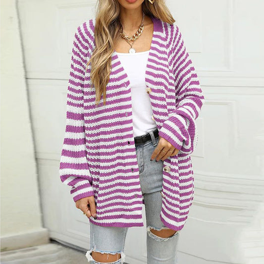 Striped Button Down Long Sleeve Cardigan-Angel Casuals