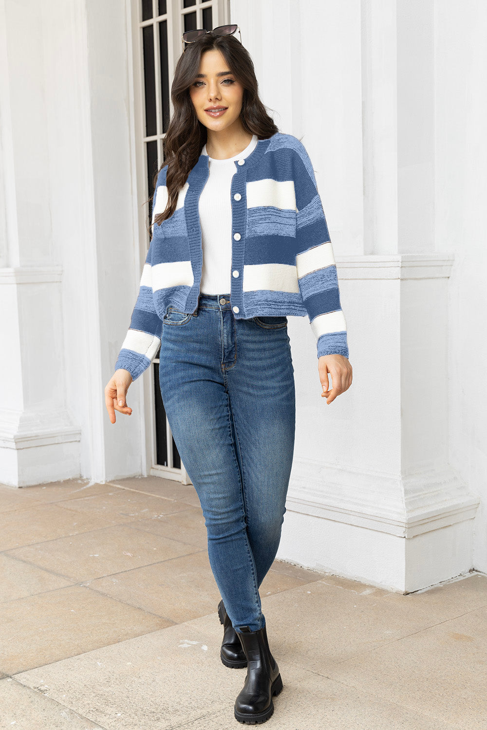 Striped Button Up Long Sleeve Cardigan-Angel Casuals