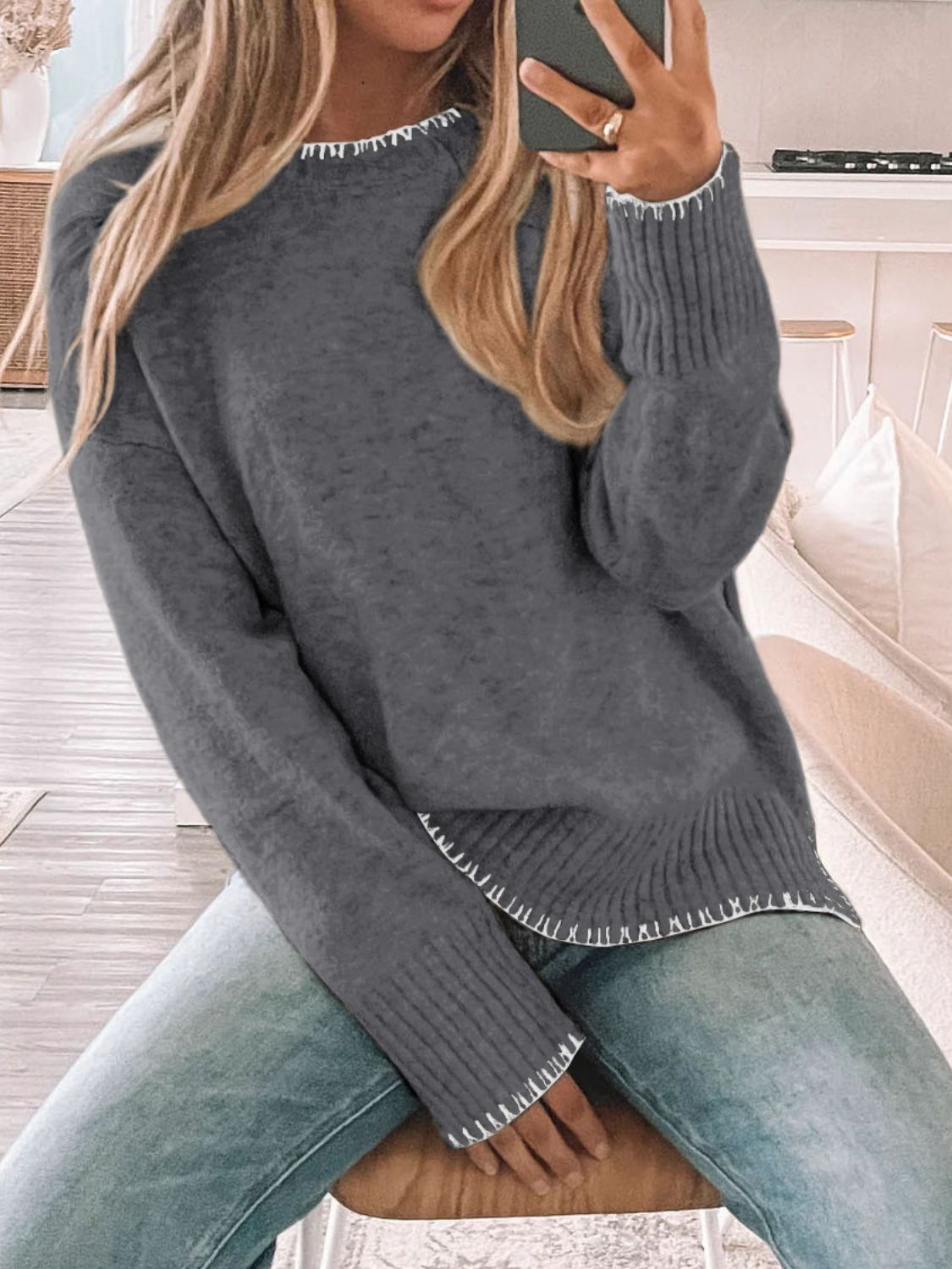 Perfee Round Neck Long Sleeve Sweater-Angel Casuals