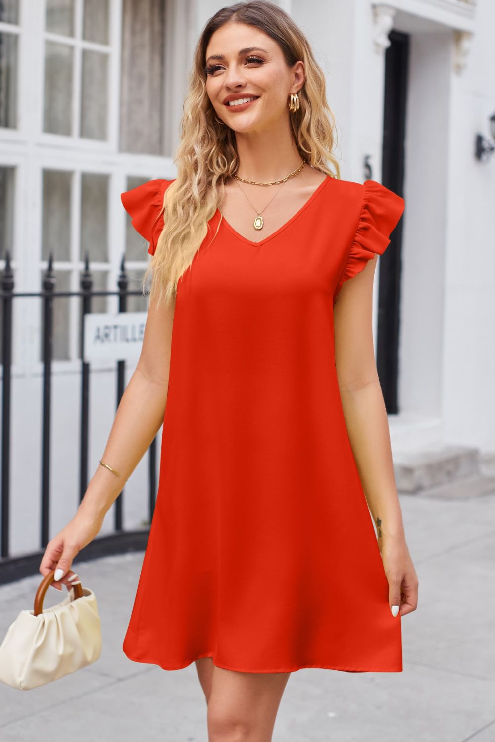 Ruffled V-Neck Flutter Sleeve Dress-Angel Casuals