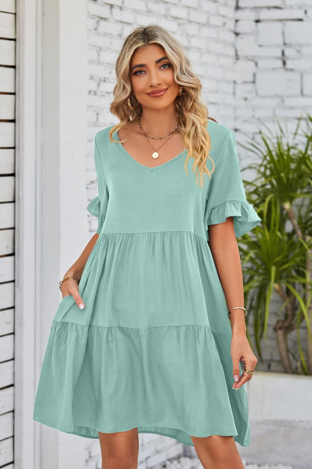 V-Neck Flounce Sleeve Tiered Dress-Angel Casuals