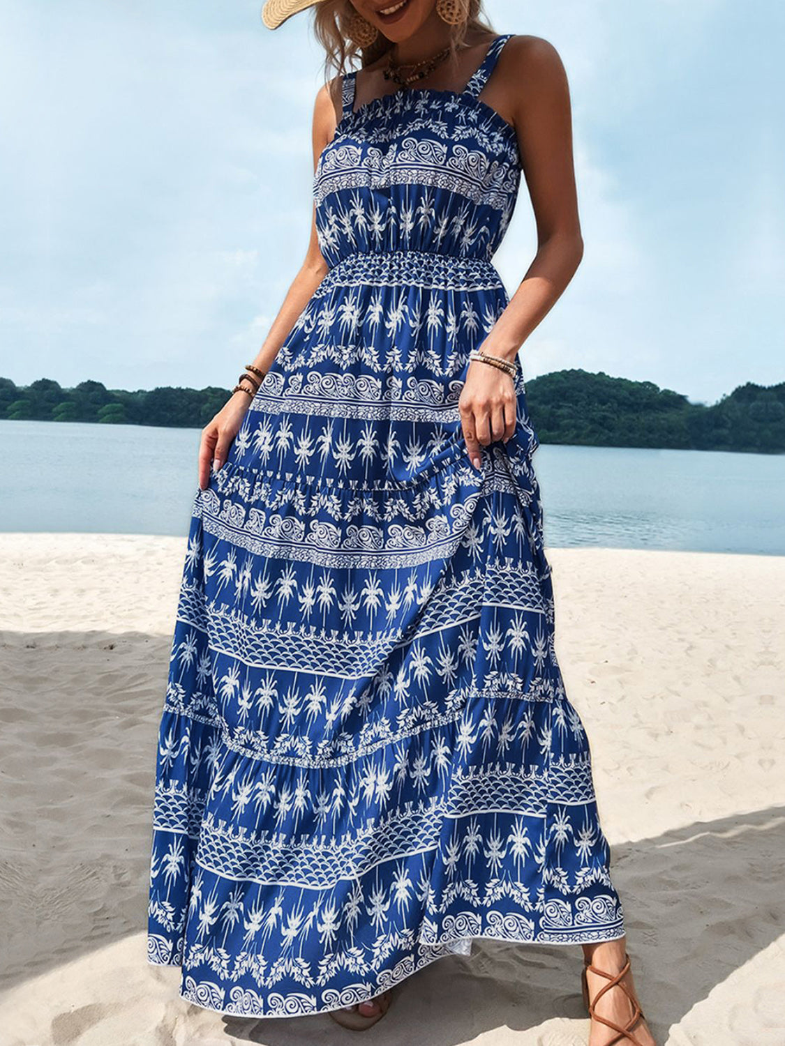 Printed Square Neck Sleeveless Maxi Dress-Angel Casuals