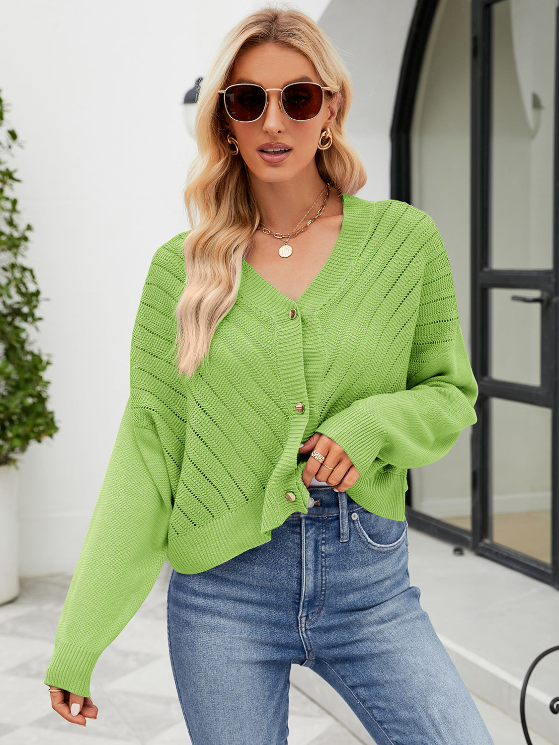 Eyelet Button Front Long Sleeve Cardigan-Angel Casuals