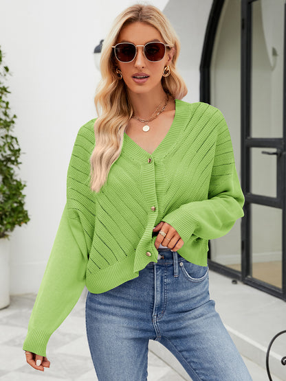 Eyelet Button Front Long Sleeve Cardigan-Angel Casuals