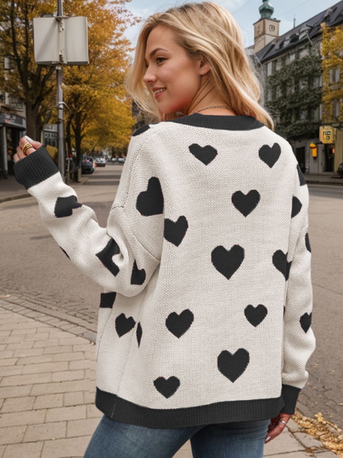 Heart Button Up Dropped Shoulder Long Sleeve Cardigan-Angel Casuals