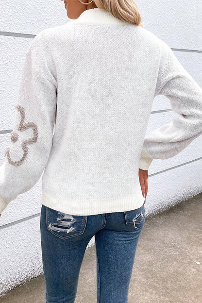 Flower Half Zip Dropped Shoulder Sweater-Angel Casuals