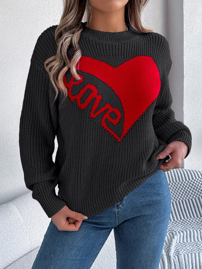 LOVE Heart Round Neck Dropped Shoulder Sweater-Angel Casuals