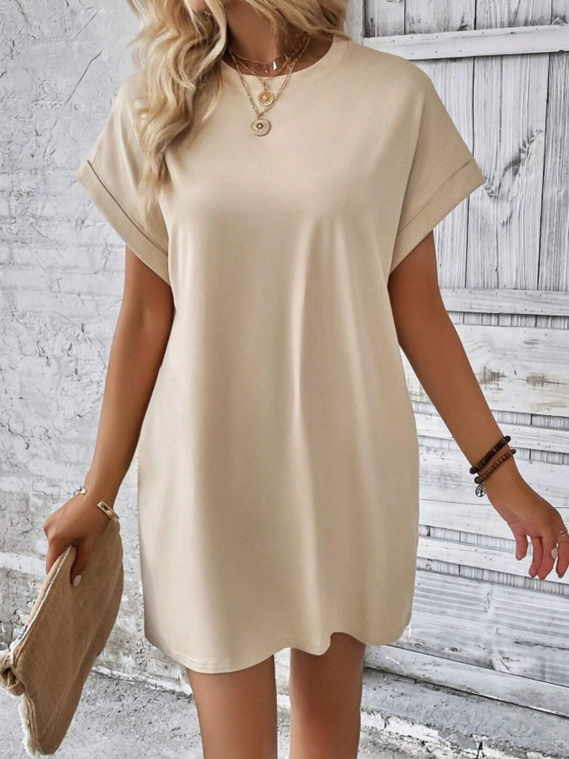 Pocketed Round Neck Short Sleeve Dress-Angel Casuals