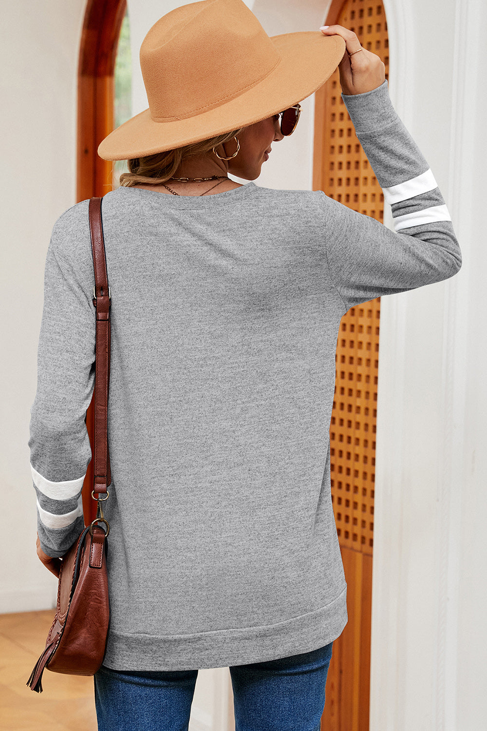 Striped V-Neck Long Sleeve T-Shirt-Angel Casuals
