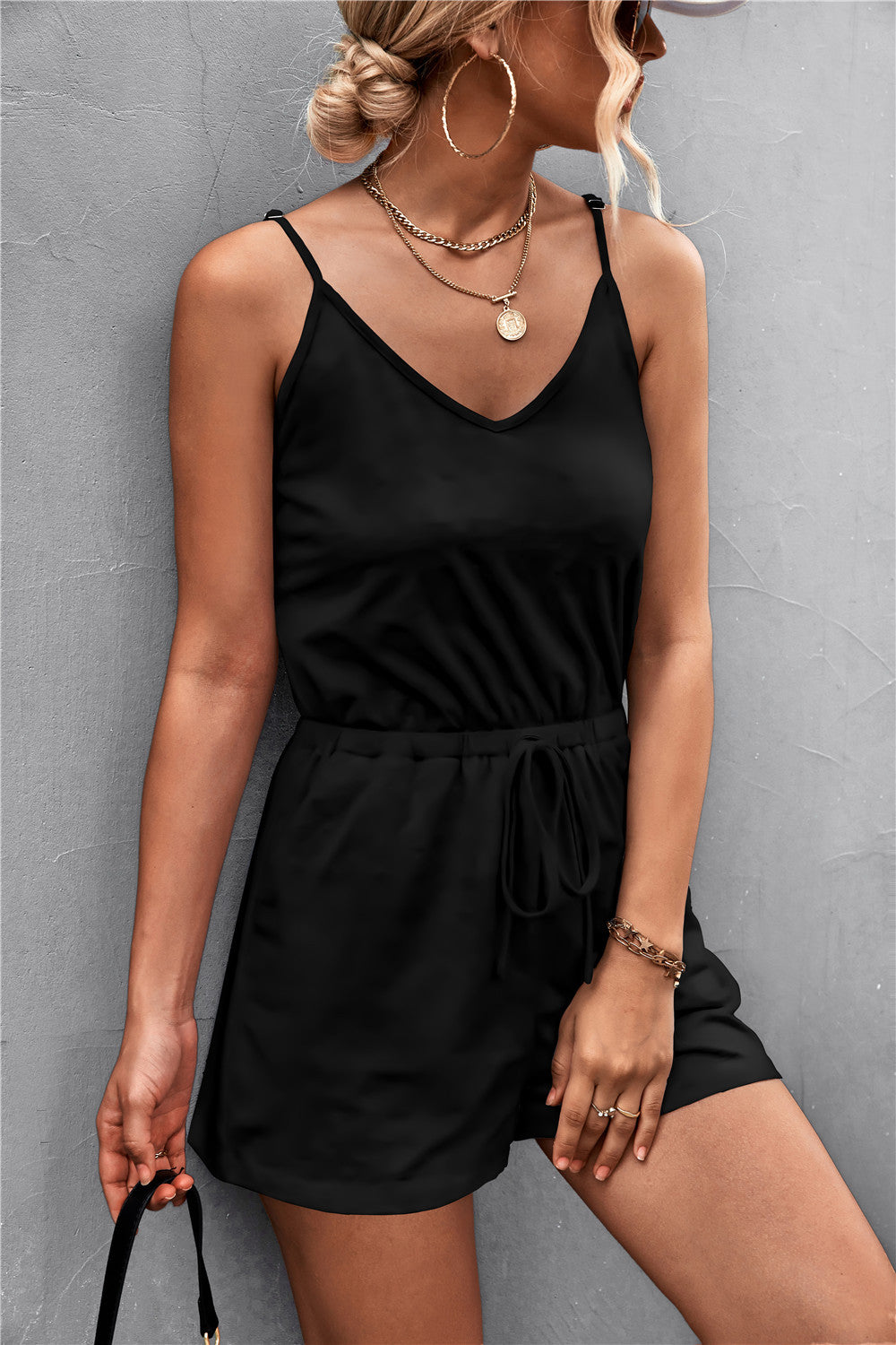 Spaghetti Strap V-Neck Pocket Romper-Angel Casuals