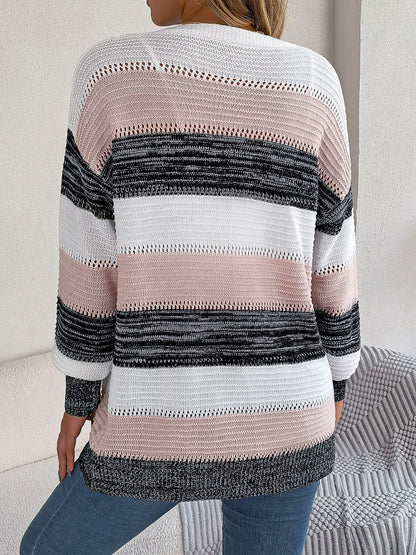 Openwork Striped Open Front Cardigan-Angel Casuals