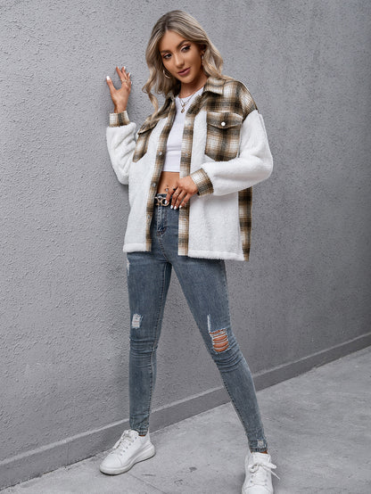 Plaid Collared Neck Button Down Jacket-Angel Casuals