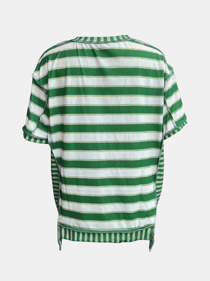 Full Size Contrast Stitching Striped Round Neck T-Shirt-Angel Casuals