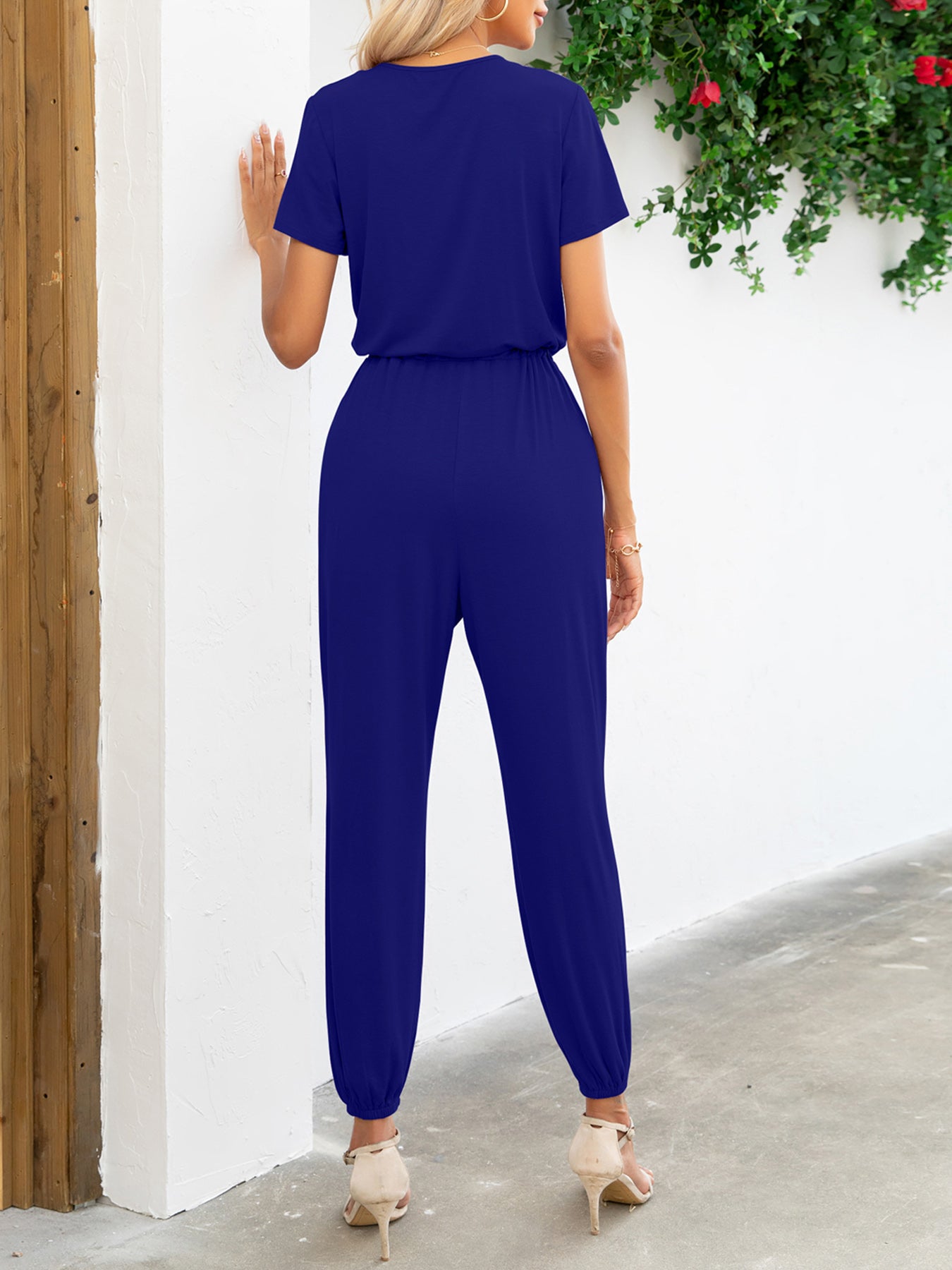 Short Sleeve V-Neck Jumpsuit with Pockets-Angel Casuals