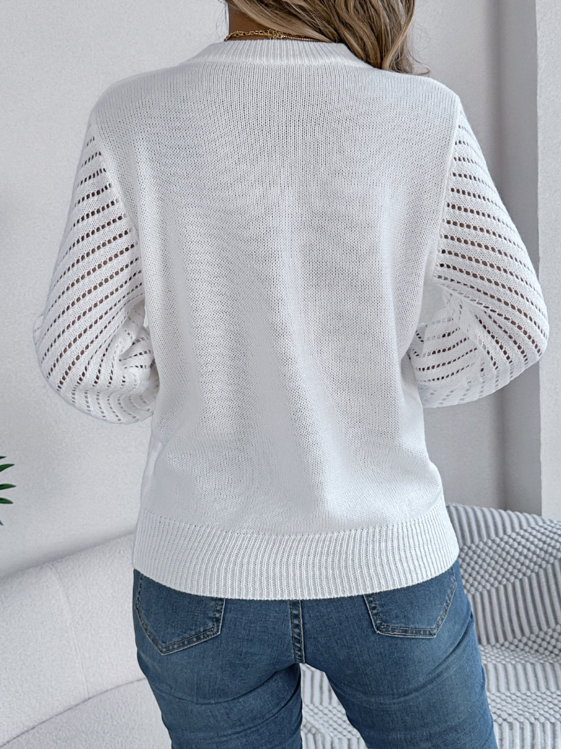 Openwork Round Neck Long Sleeve Knit Top-Angel Casuals