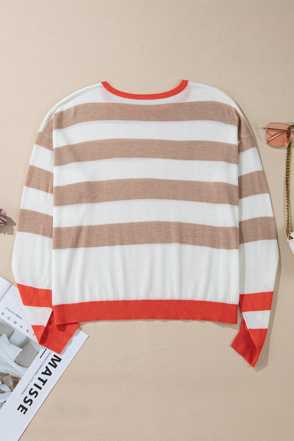 Contrast Striped Round Neck Drop Shoulder Knit Top-Angel Casuals