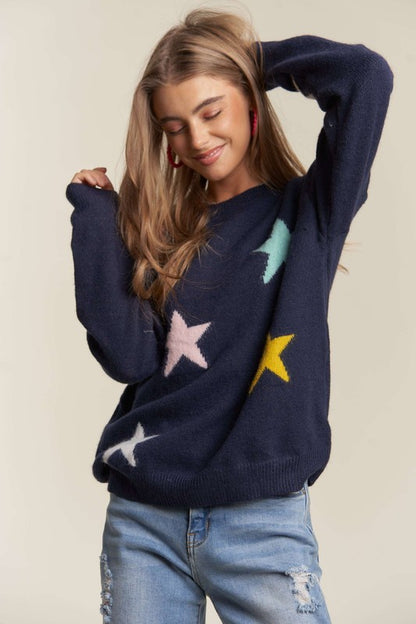 ADORA Stars Pattern Round Neck Drop Shoulder Sweater-Angel Casuals