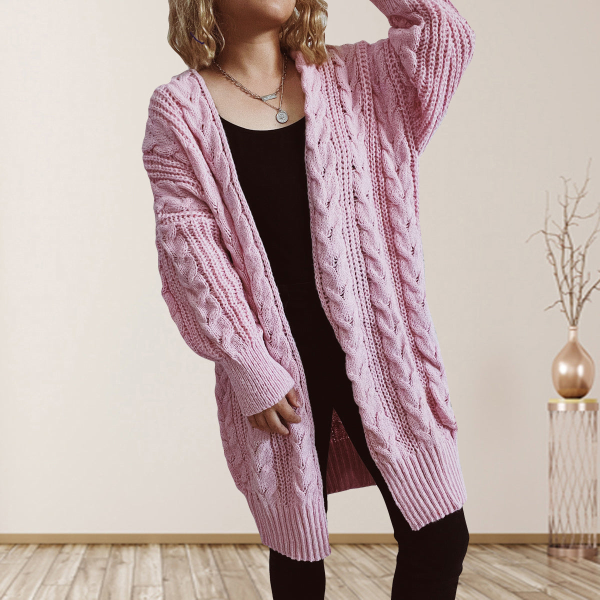 Cable-Knit Open Front Dropped Shoulder Cardigan-Angel Casuals