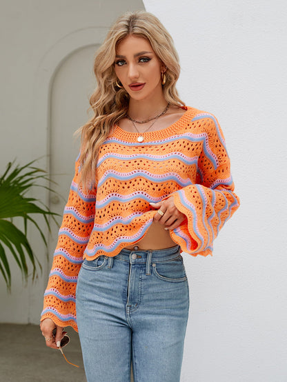 Round Neck Openwork Flare Sleeve Knit Top-Angel Casuals