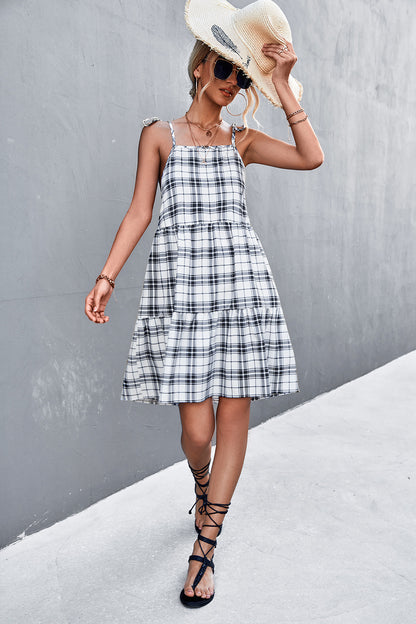 Plaid Tie-Shoulder Tiered Dress-Angel Casuals