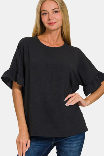 Zenana V-Neck Flutter Sleeve Top-Angel Casuals