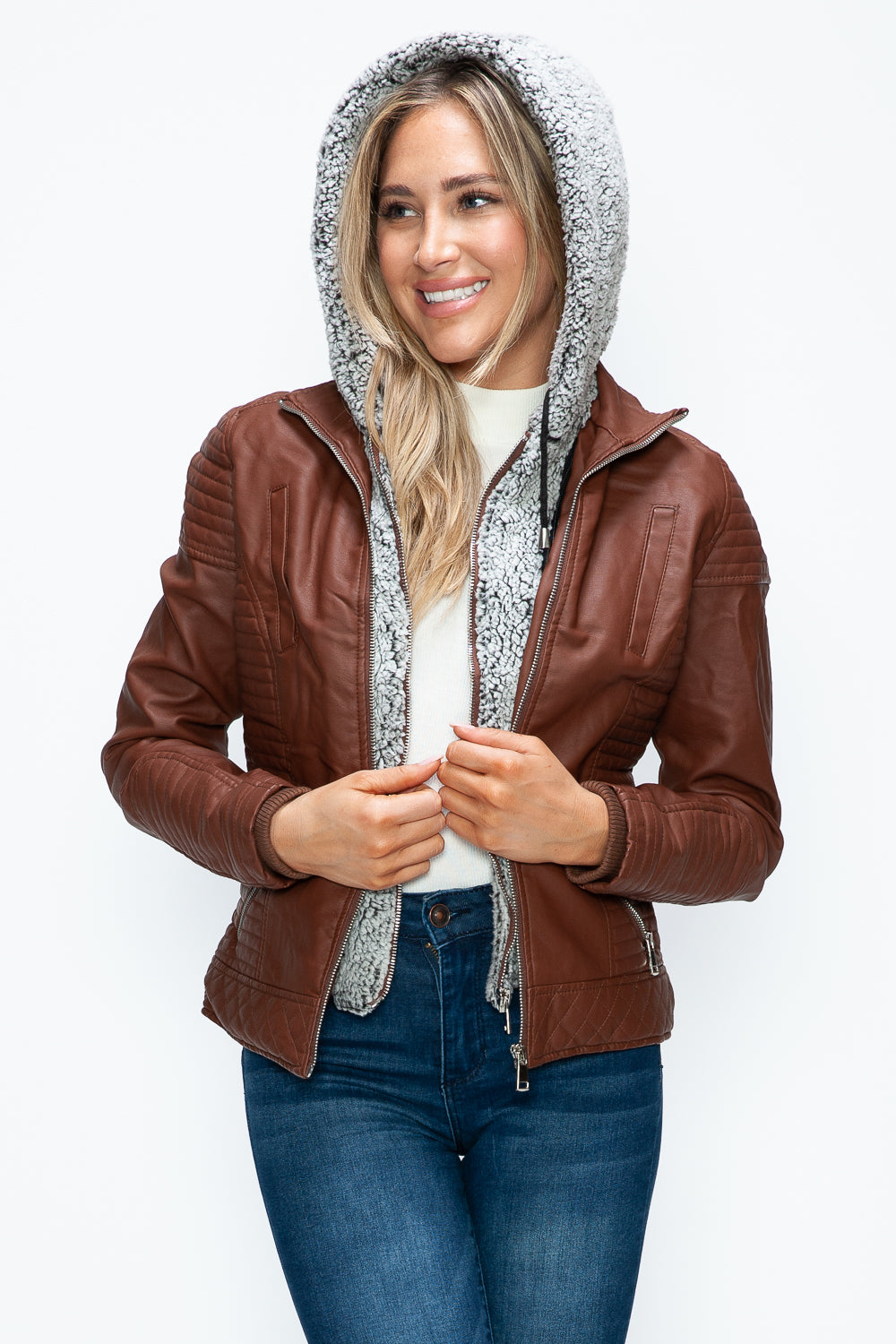 YMI Faux Layered Double-Zipper Jacket with Fuzzy Hood-Angel Casuals
