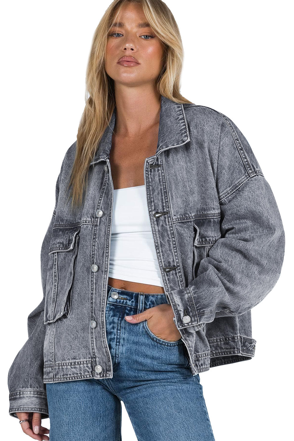 Collared Neck Button Up Denim Jacket-Angel Casuals