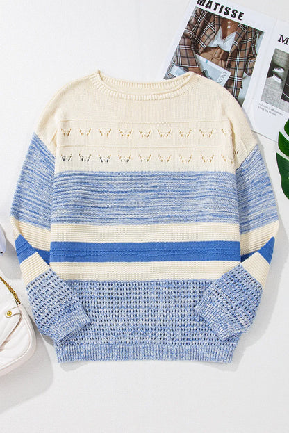 Color Block Boat Neck Long Sleeve Sweater-Angel Casuals