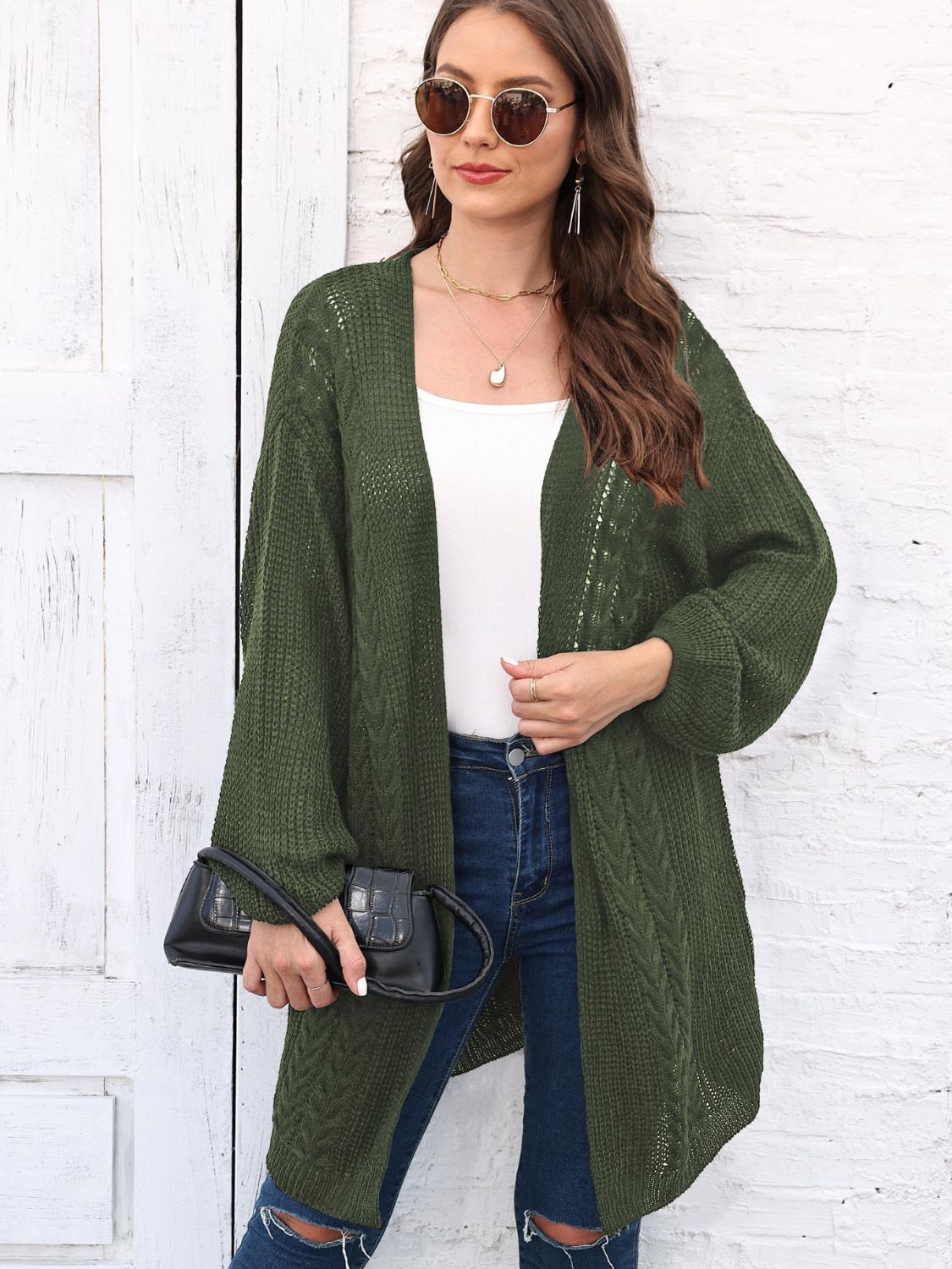 Cable-Knit Open Front Long Sleeve Cardigan-Angel Casuals