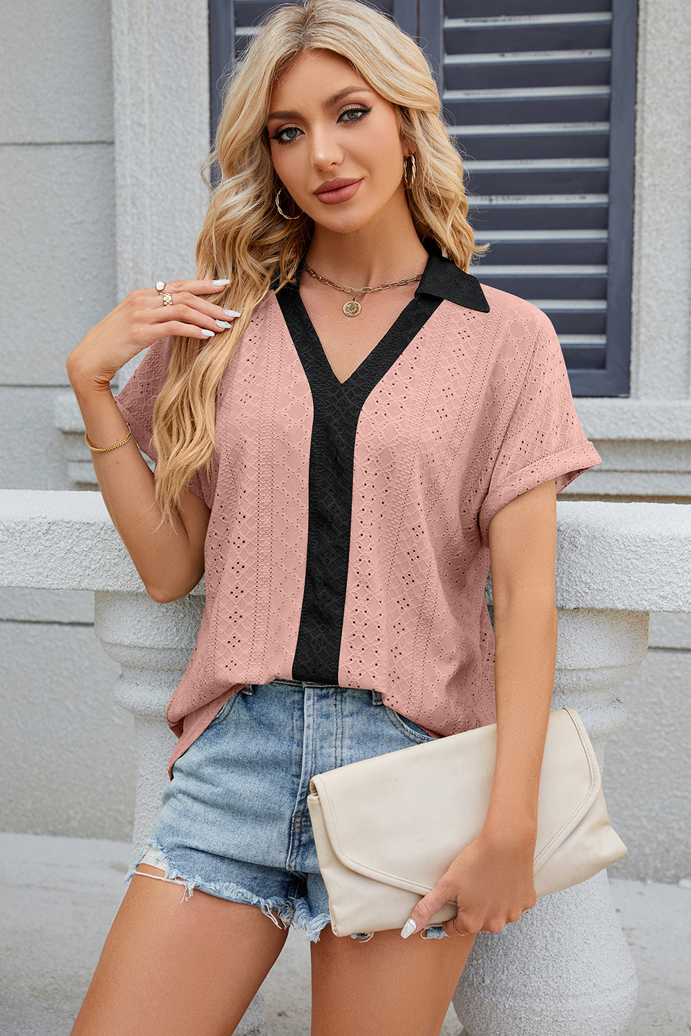Eyelet Johnny Collar Short Sleeve T-Shirt-Angel Casuals