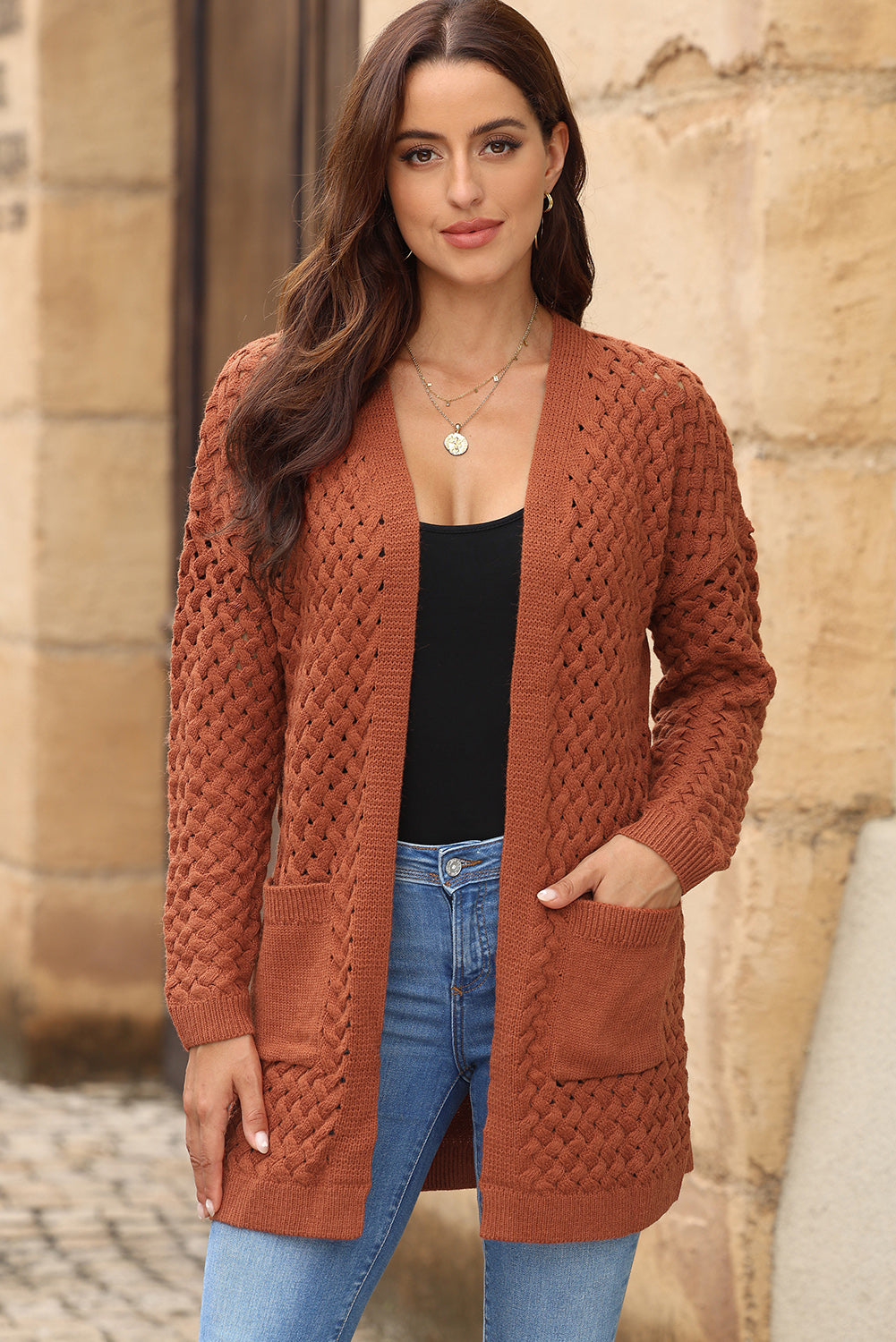Open Front Dropped Shoulder Cardigan with Pockets-Angel Casuals