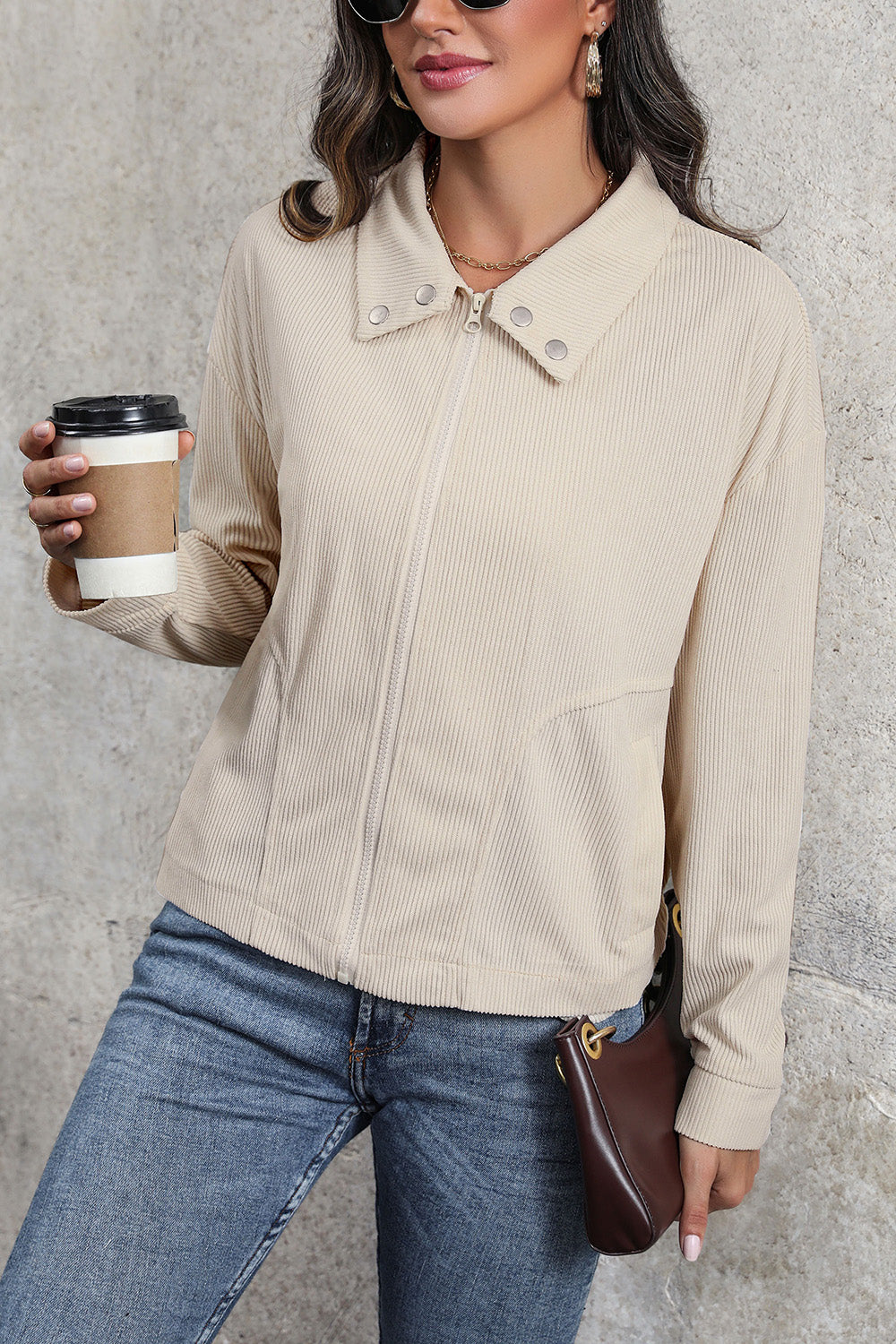 Perfee Zip Up Pocketed Collared Neck Dropped Shoulder Jacket-Angel Casuals